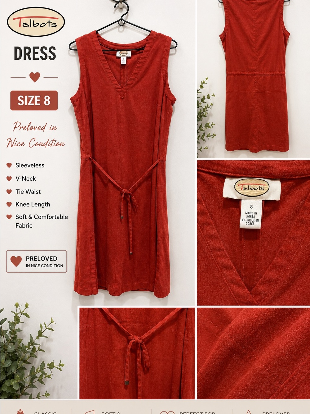 Talbots Sleeveless V-Neck Tie-Waist Dress in Red, Size 8